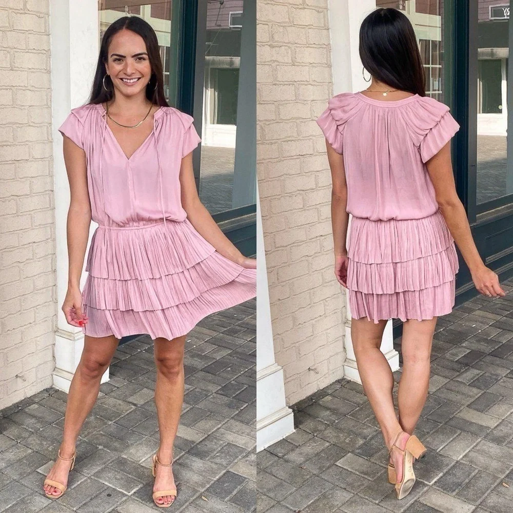 Current Air Short Sleeve Tiered Mini Dress Pink